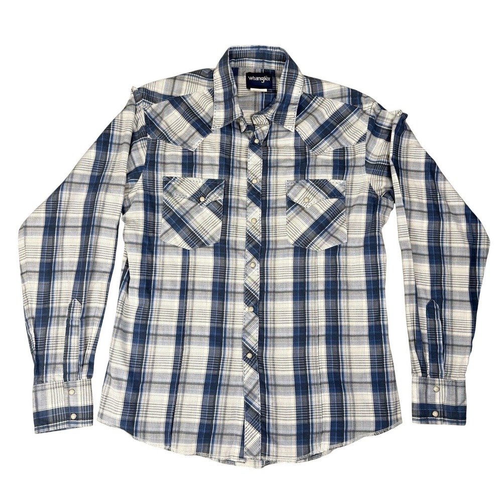Wrangler Mens Blue White Plaid Western Pearl Snap Long‎ Sleeve Shirt MVG119M M
